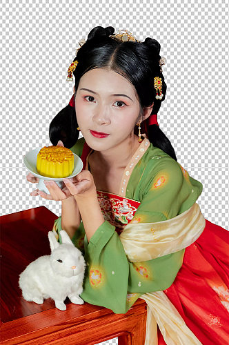 中秋节汉服女性兔子月饼人物png摄影图