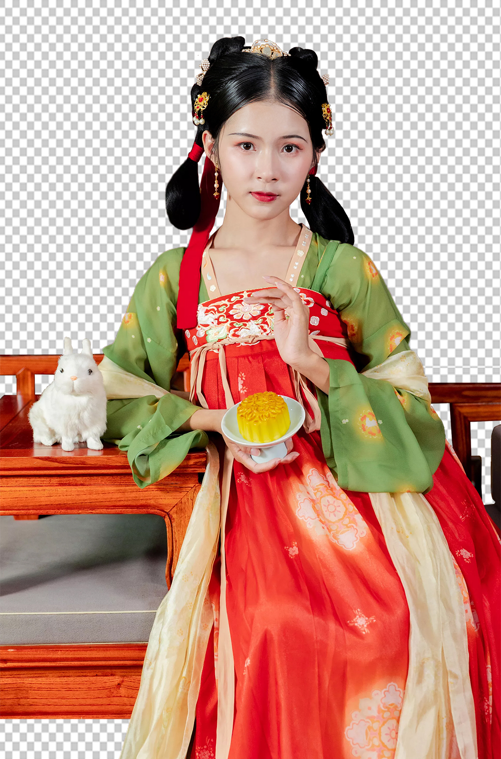 中秋节汉服女性兔子月饼人物png摄影图素材