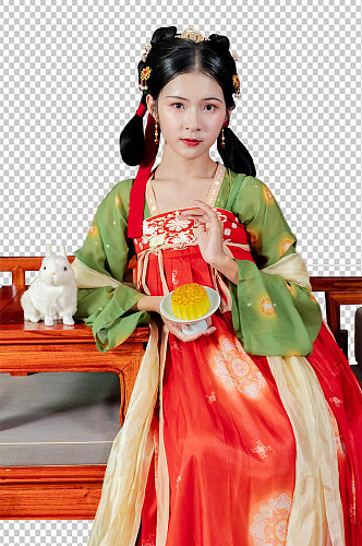 中秋节汉服女性兔子月饼人物png摄影图