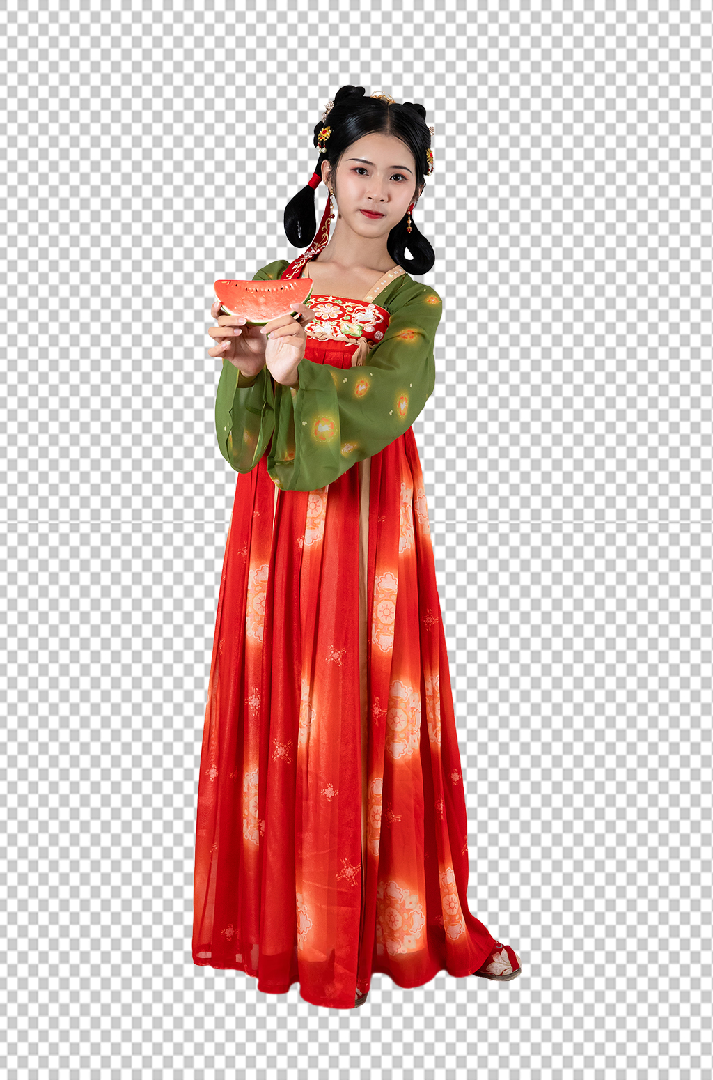 唐制古装汉服女性手拿西瓜人物png摄影图素材