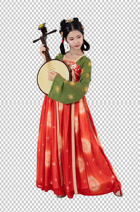 唐制汉服女性手抱月琴站立人物png摄影图