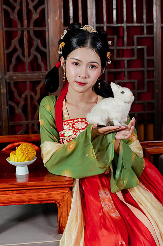 中秋节古风汉服女性嫦娥兔年人物精修摄影图