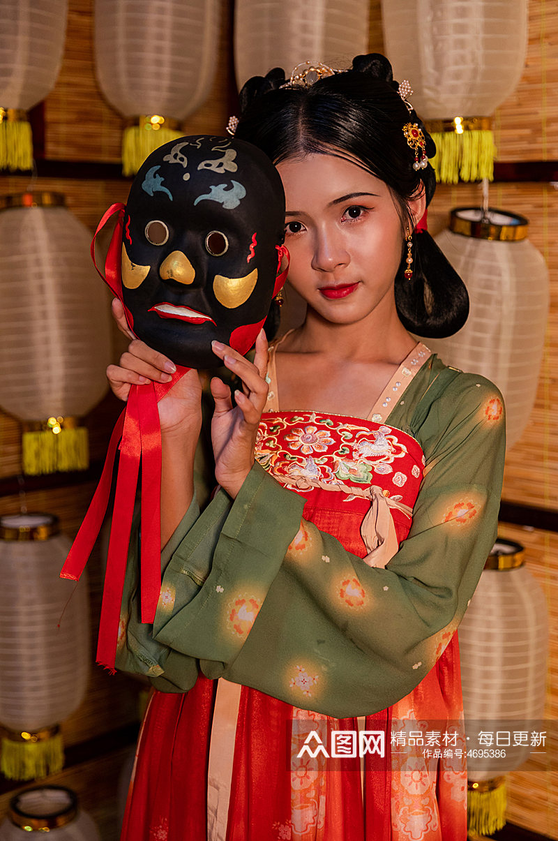 中国风唐制汉服女性面具人物精修摄影图素材
