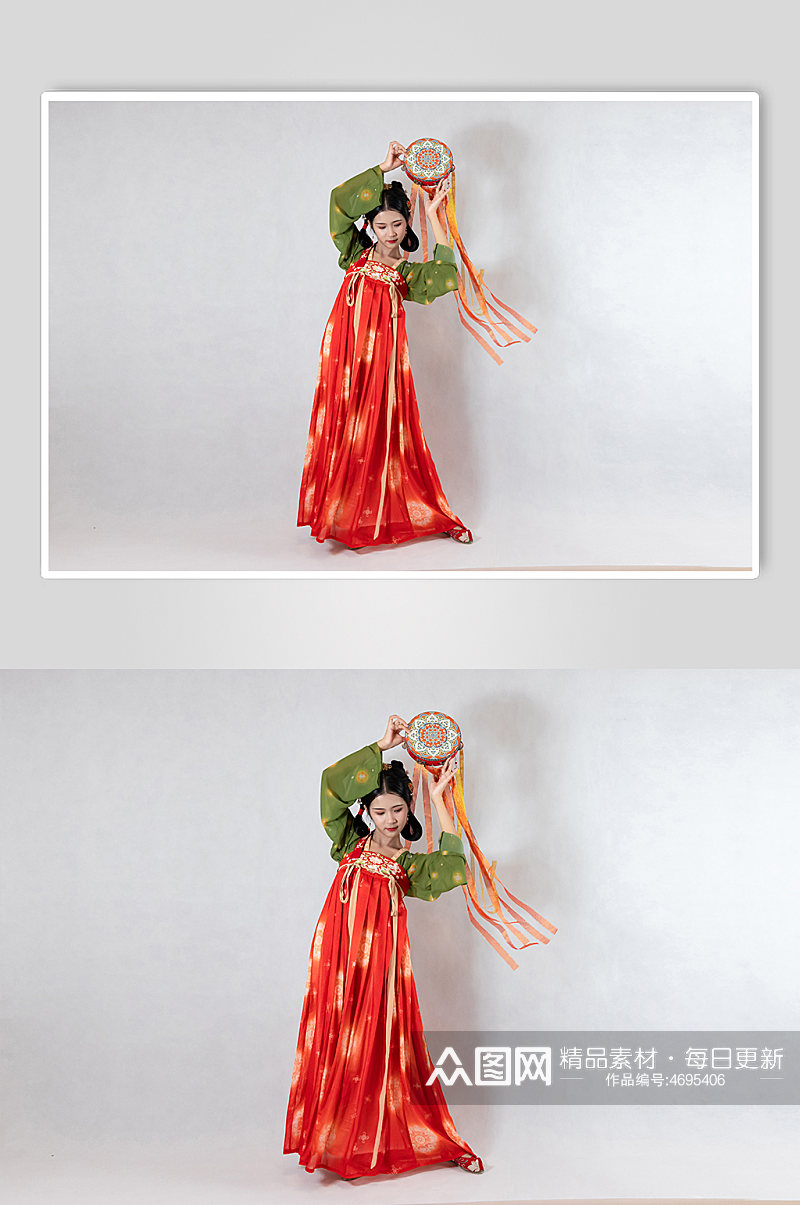 唐宫夜宴汉服女性手拿手鼓人物精修摄影图素材