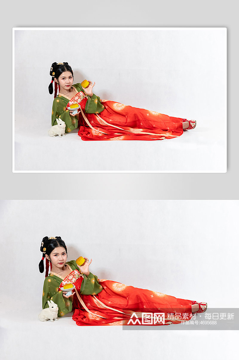 中秋节汉服女性人物嫦娥玉兔月饼精修摄影图素材
