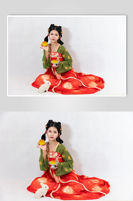 中秋节汉服女性人物嫦娥玉兔月饼精修摄影图