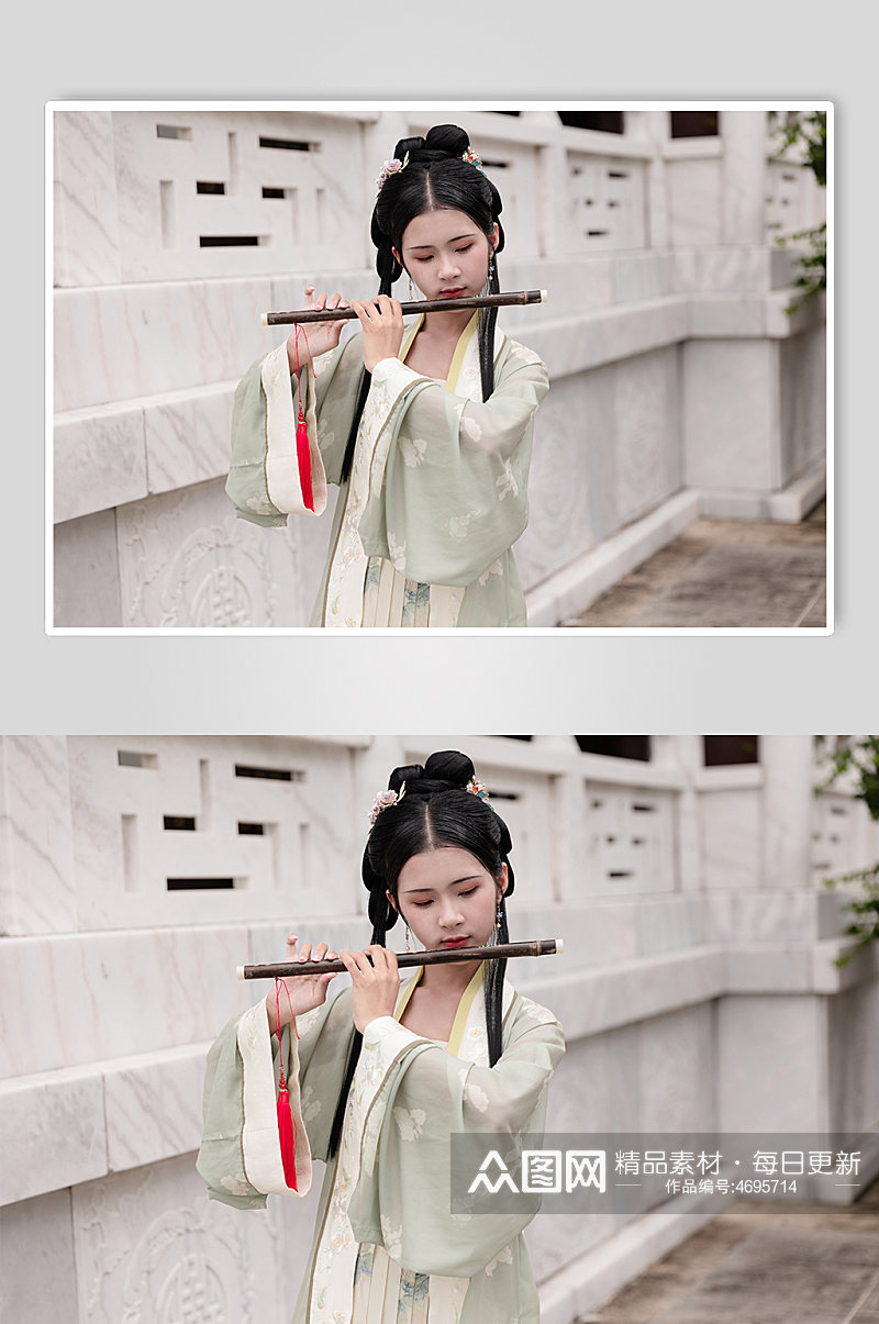 中国风淡雅宋制汉服女性人物笛子精修摄影图素材
