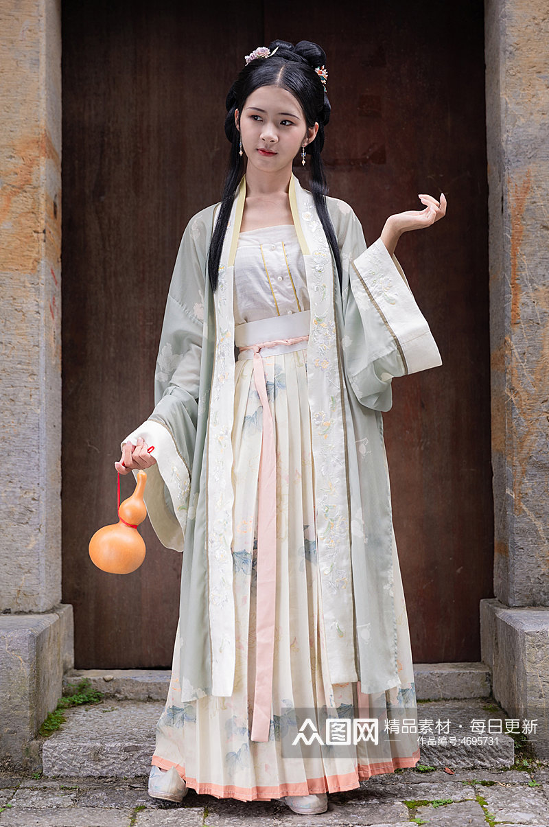 中国风淡雅汉服女性人物手提葫芦精修摄影图素材