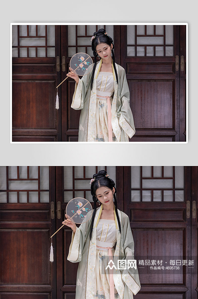 中国风淡雅汉服女性人物手拿团扇精修摄影图素材