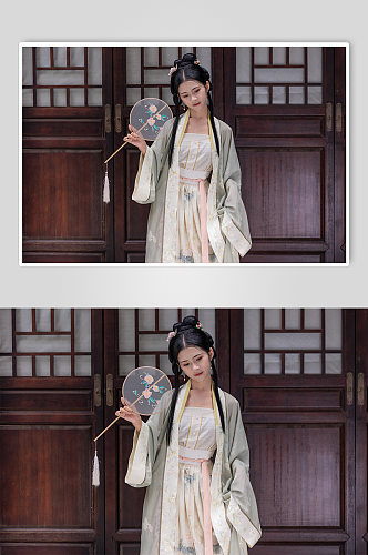 中国风淡雅汉服女性人物手拿团扇精修摄影图
