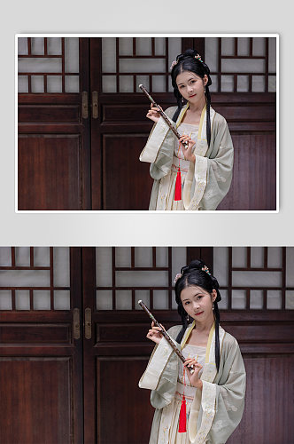 中国风淡雅汉服女性人物笛子乐器精修摄影图
