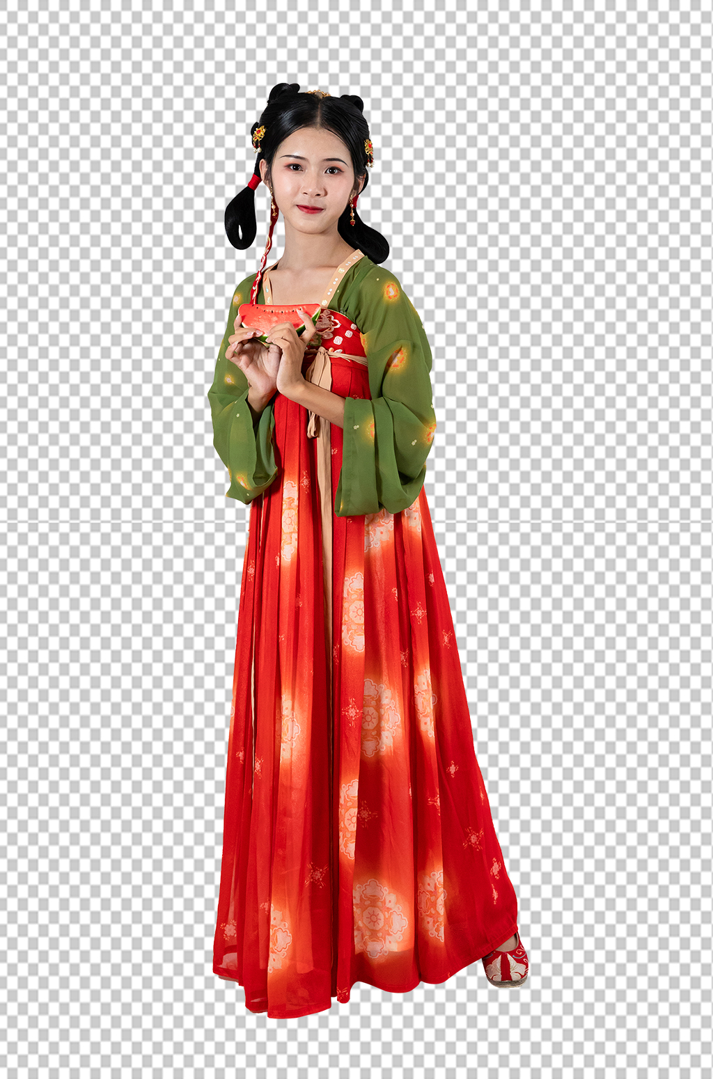 唐制汉服女性人物手拿西瓜免抠png摄影图素材