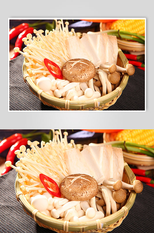 特色菌菇拼盘火锅美食菜品摄影图片