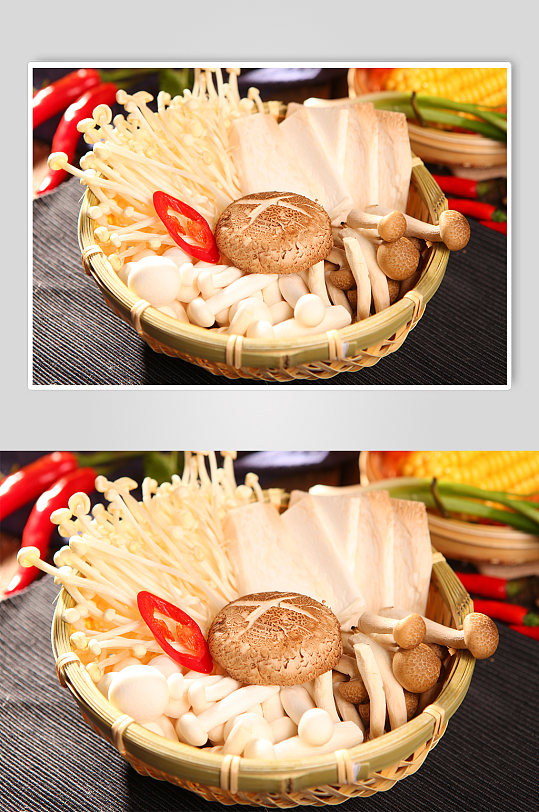 菌菇拼盘火锅美食菜品摄影图片