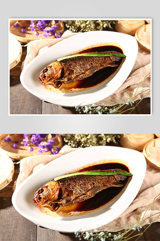 家常葱烧鲫鱼鱼类美食菜品摄影图片