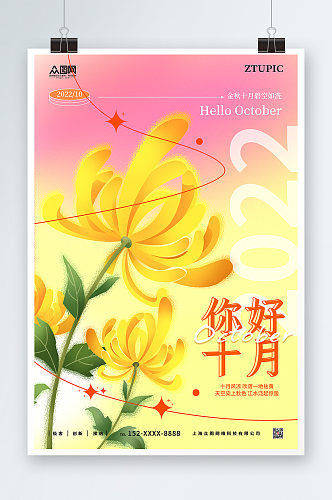 酸性简约弥散光秋季秋菊10月你好十月海报