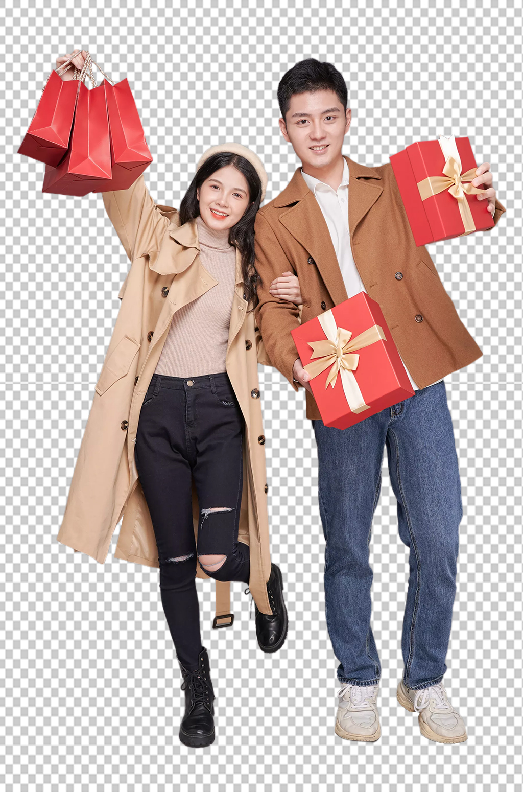 情人节购物秋冬情侣人物礼盒png摄影图素材