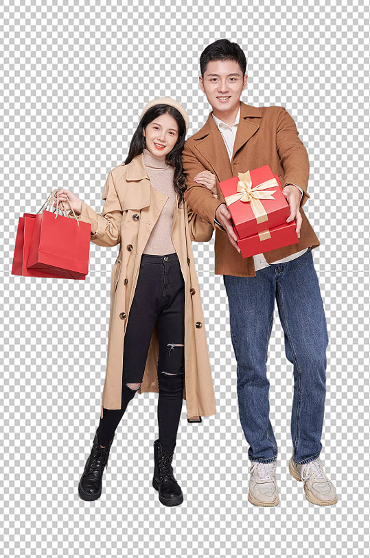 情人节秋冬情侣人物购物袋礼盒png摄影图