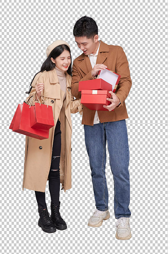 情人节秋冬情侣人物购物礼品袋png摄影图