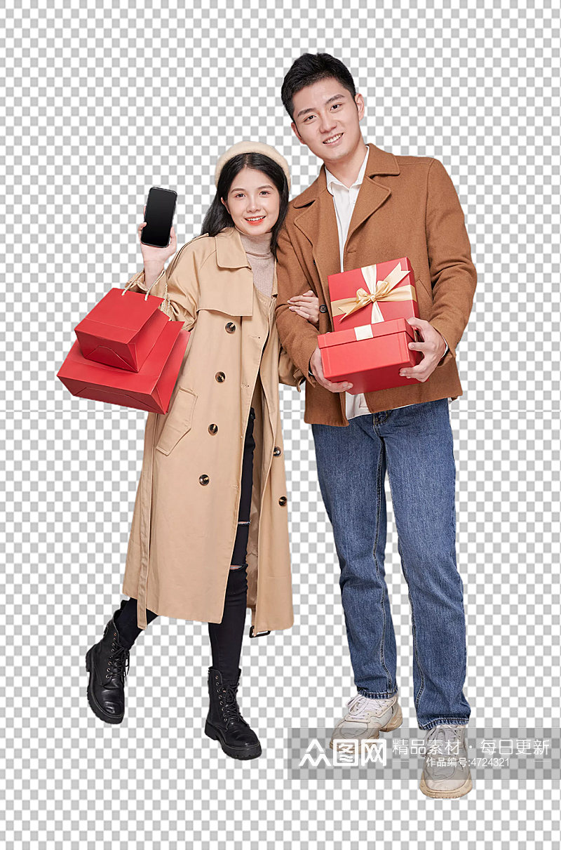 新年拜年秋冬情侣人物购物礼盒png摄影图素材