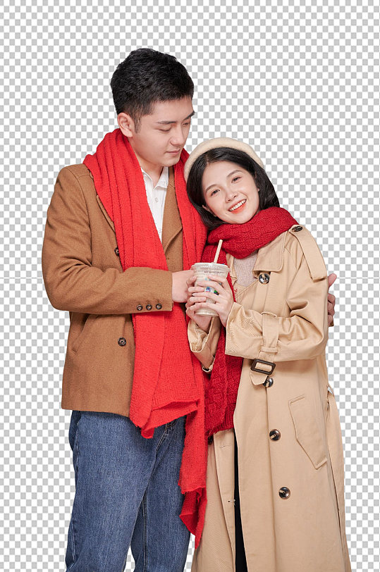 情人节秋冬情侣人物奶茶拥抱png摄影图
