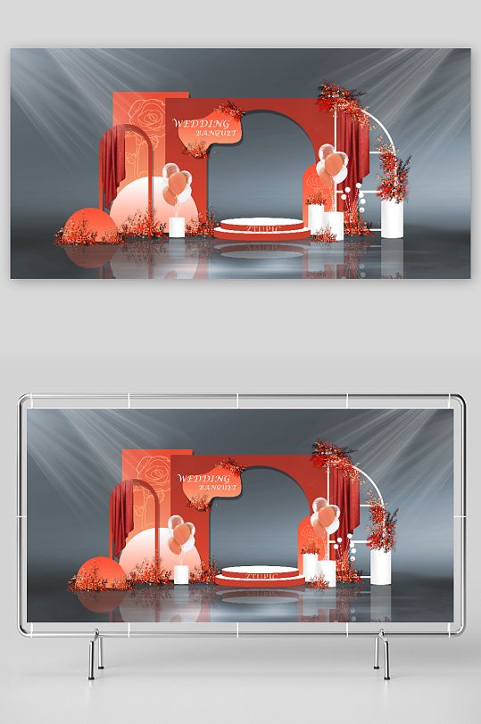 简约红色婚礼迎宾区美陈婚礼主舞台设计-众图网