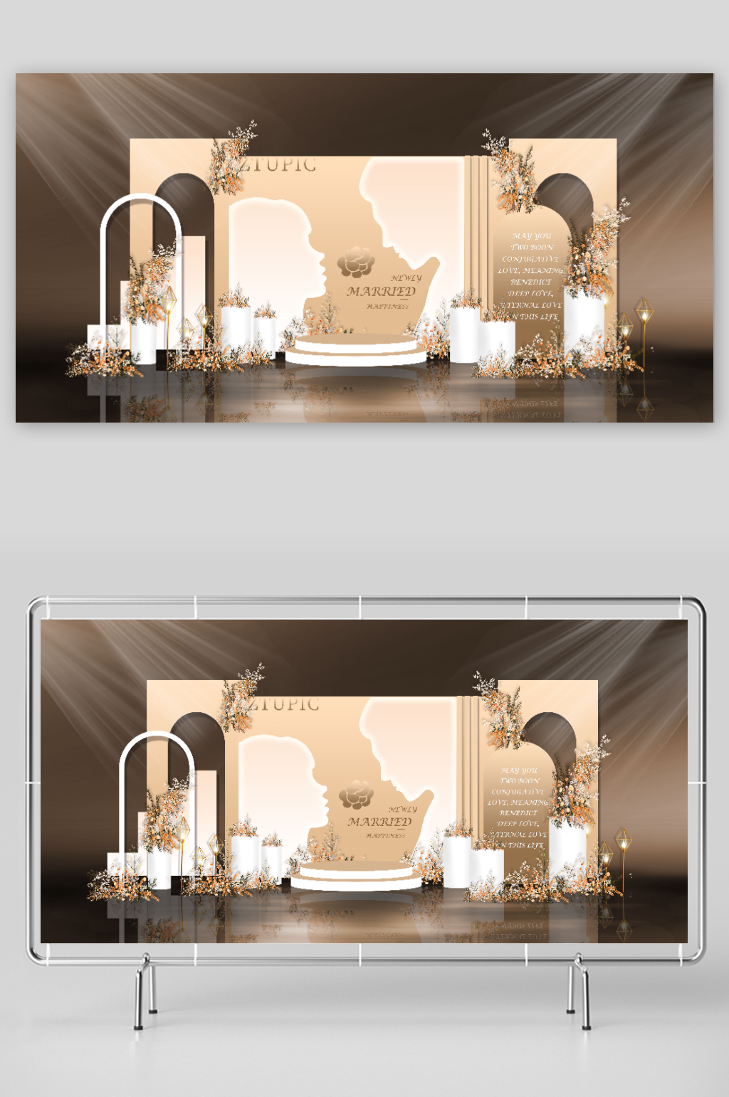大气金色剪影婚礼迎宾区美陈婚礼主舞台设计素材