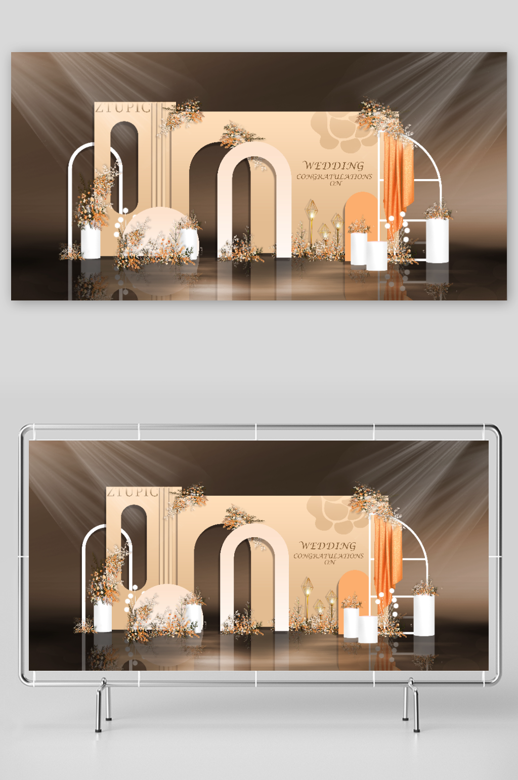 简约大气金色婚礼迎宾区美陈婚礼主舞台设计素材