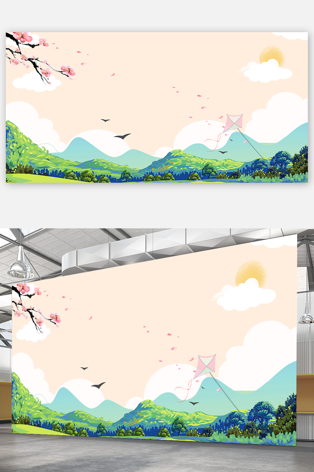 小清新插画风春季春天背景图展板海报素材