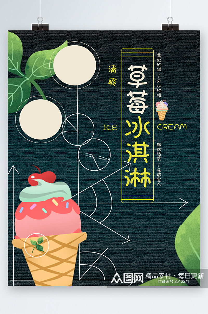草莓冰淇淋清新插画海报素材
