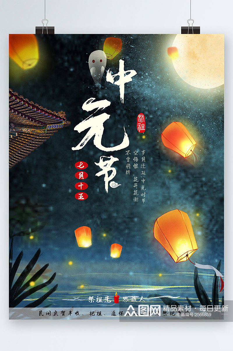 七月十五中元节祭祖海报素材