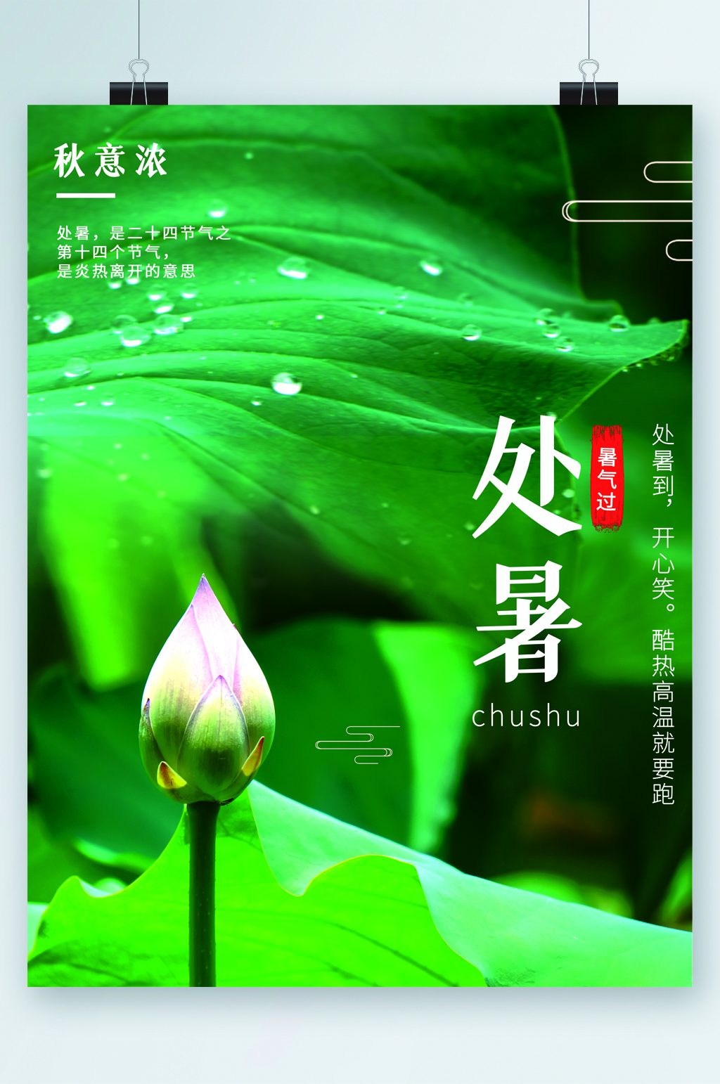 处暑绿色荷叶背景清新海报素材