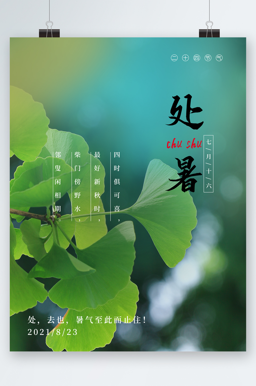 处暑节气绿色银杏叶海报素材