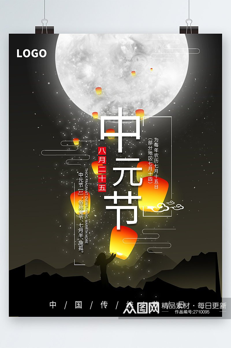 中元节月亮孔明灯海报素材