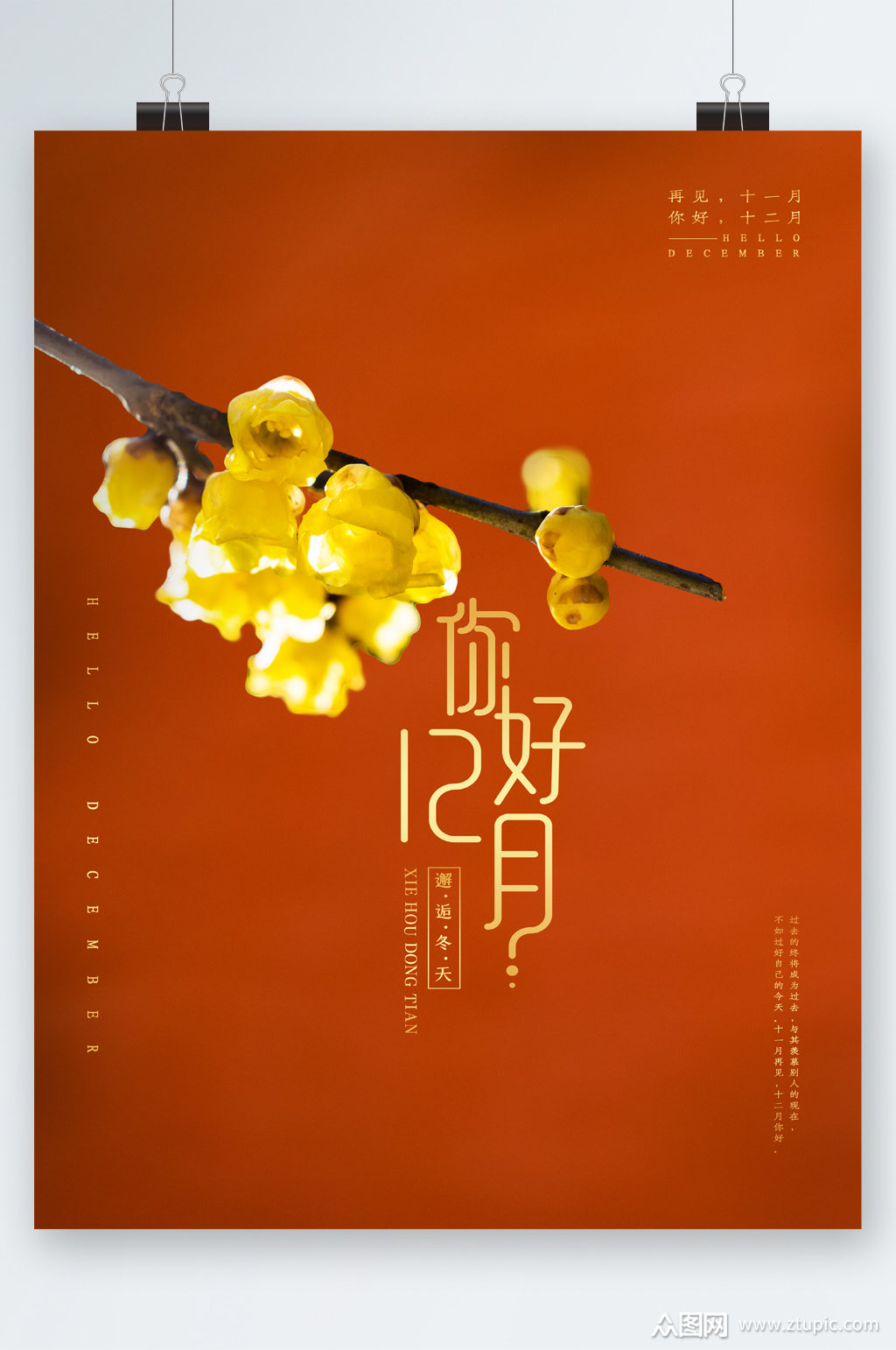 你好十二月花朵简约大气海报素材