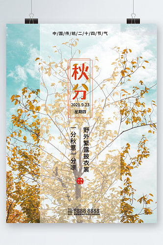 秋分树木背景海报