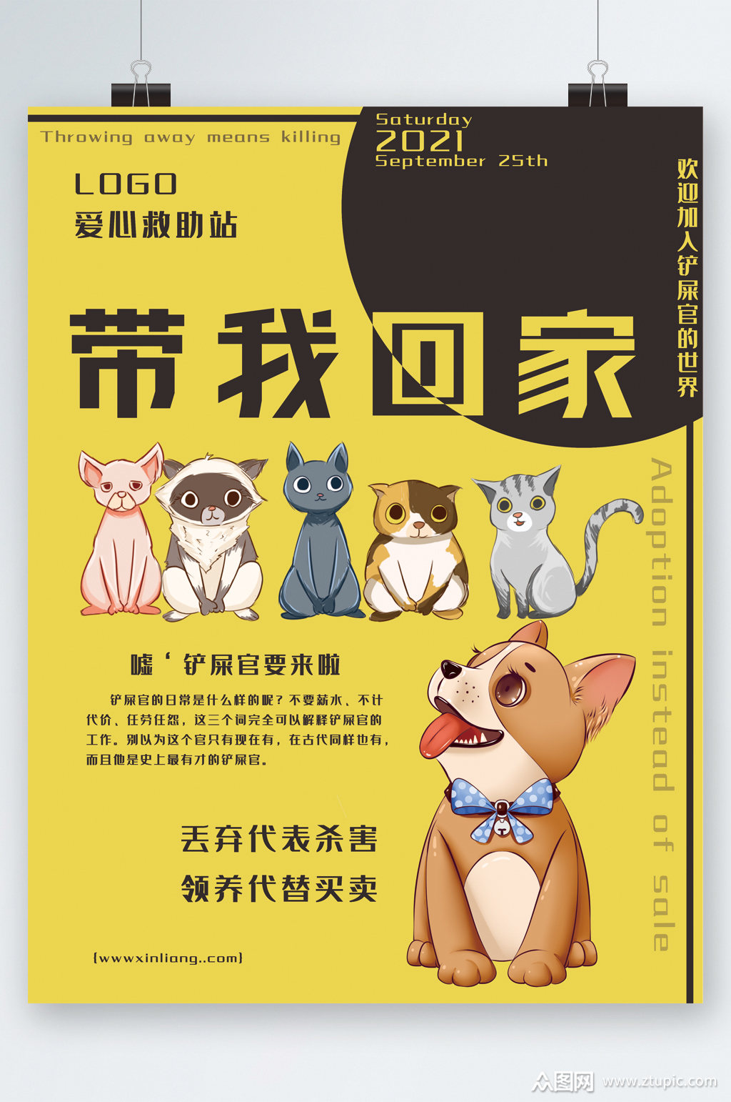 带我回家流浪动物救助站卡通海报素材