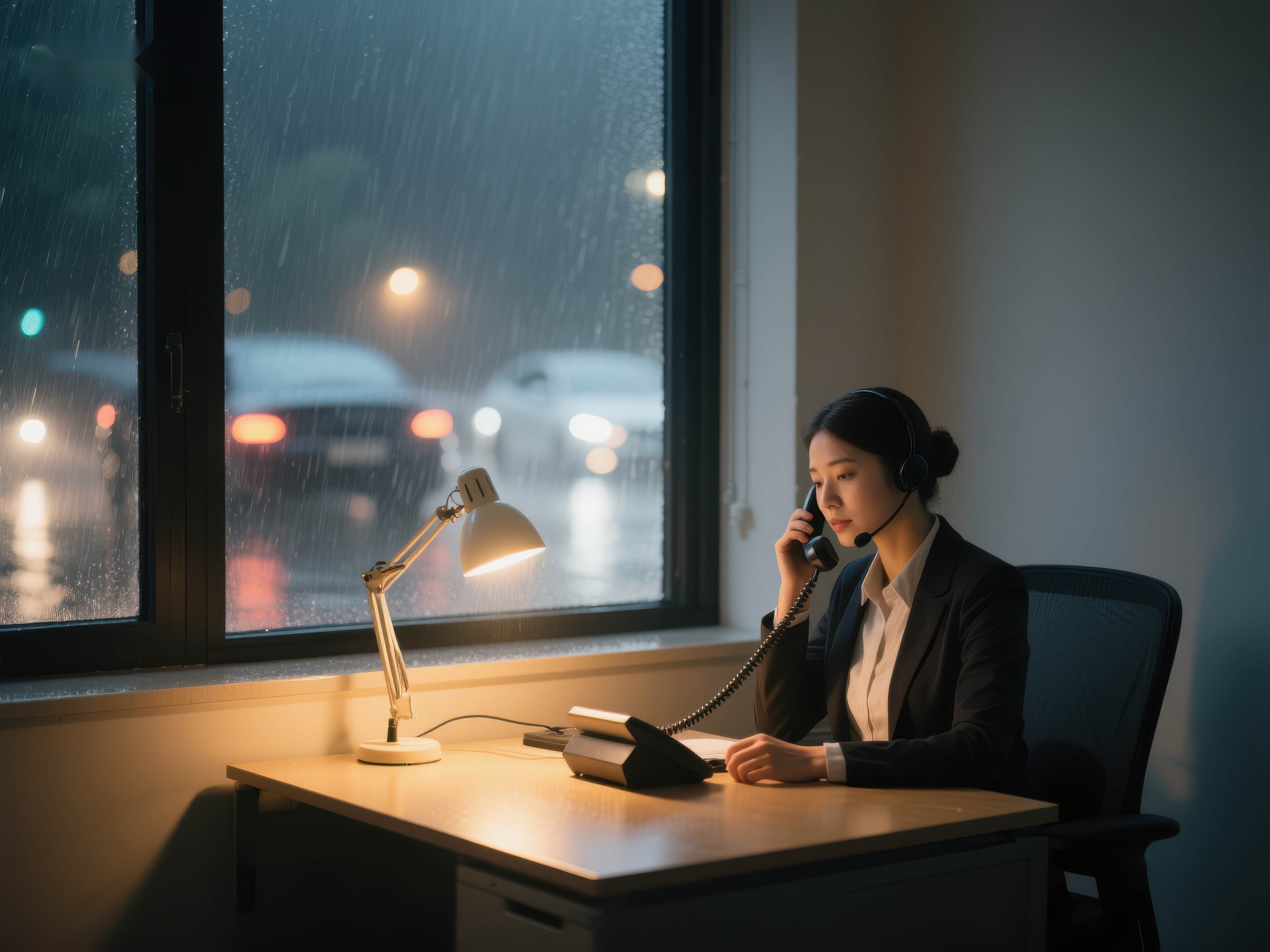 雨夜办公室中的女性客服素材