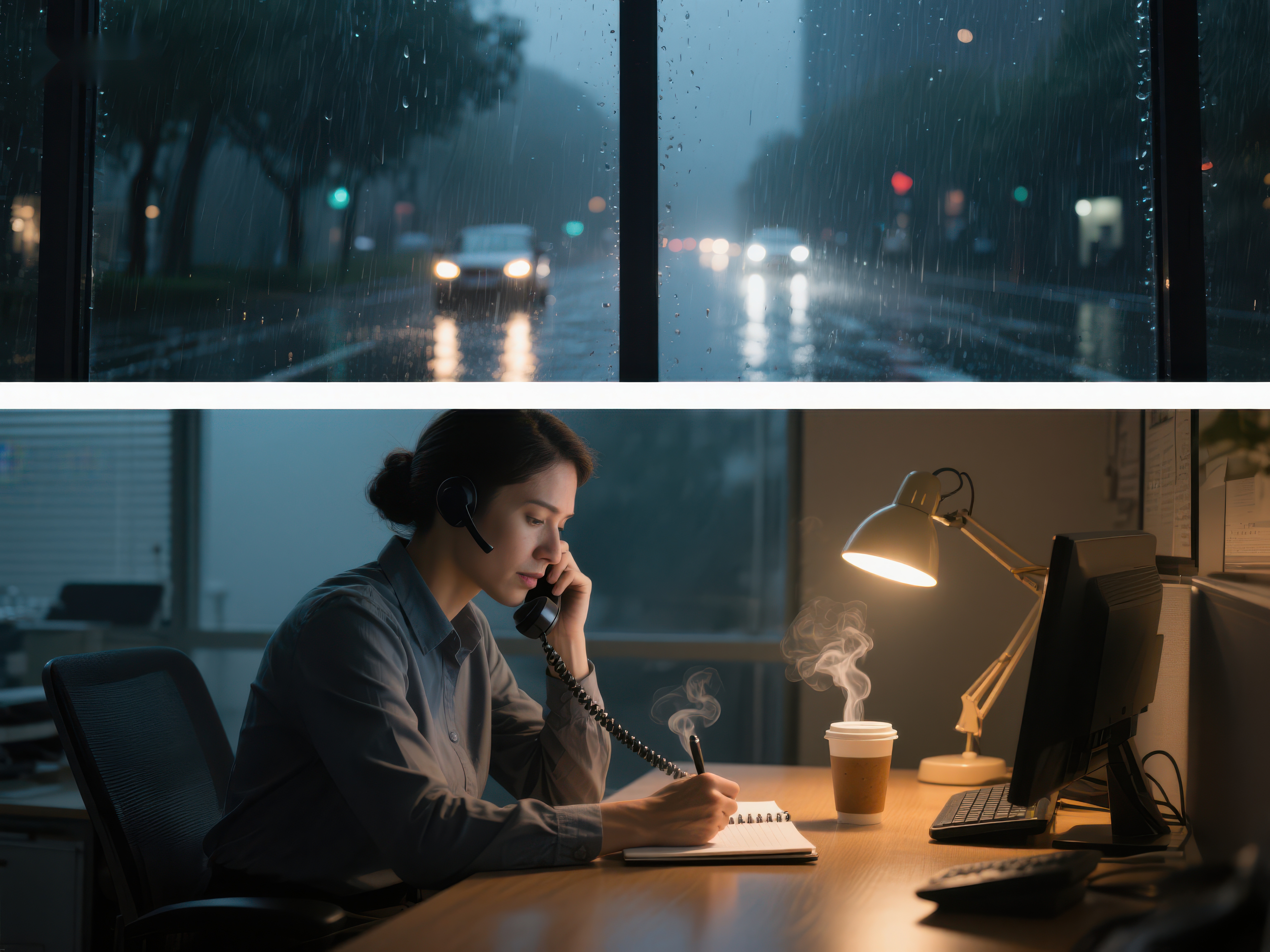 雨夜办公室内的工作场景素材