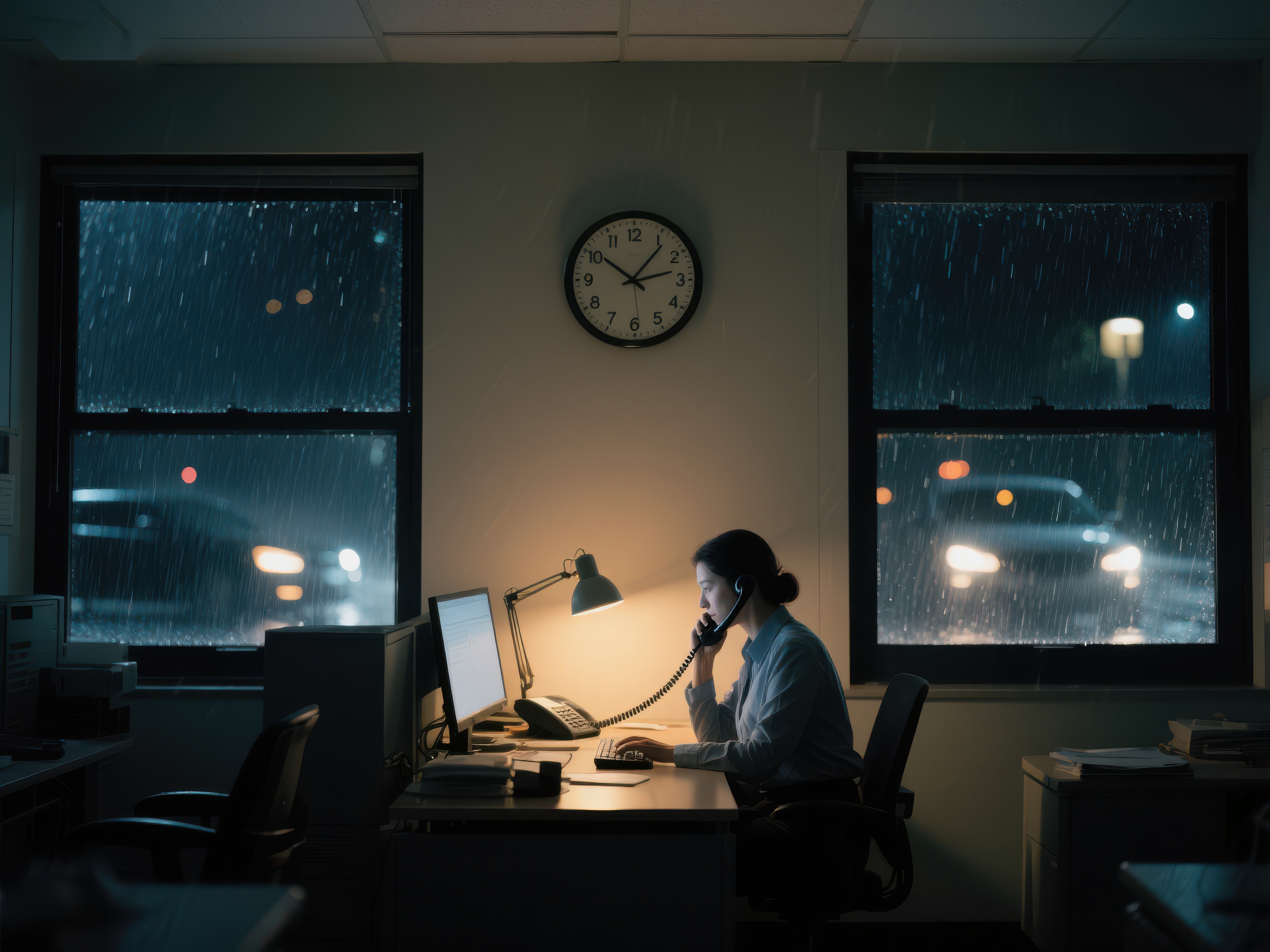 雨夜办公室内的工作时刻素材
