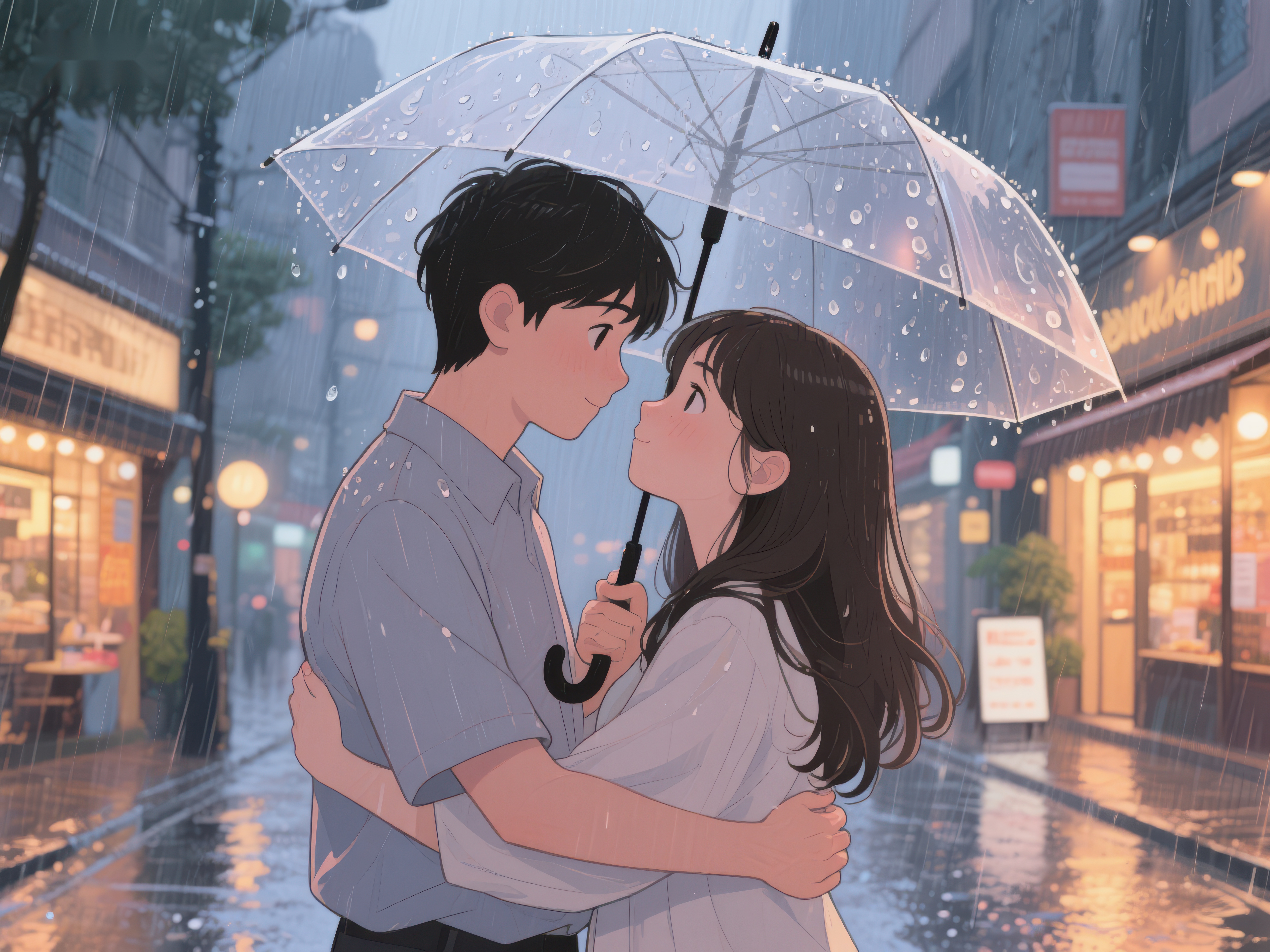 雨中情侣相拥伞下温情时刻素材