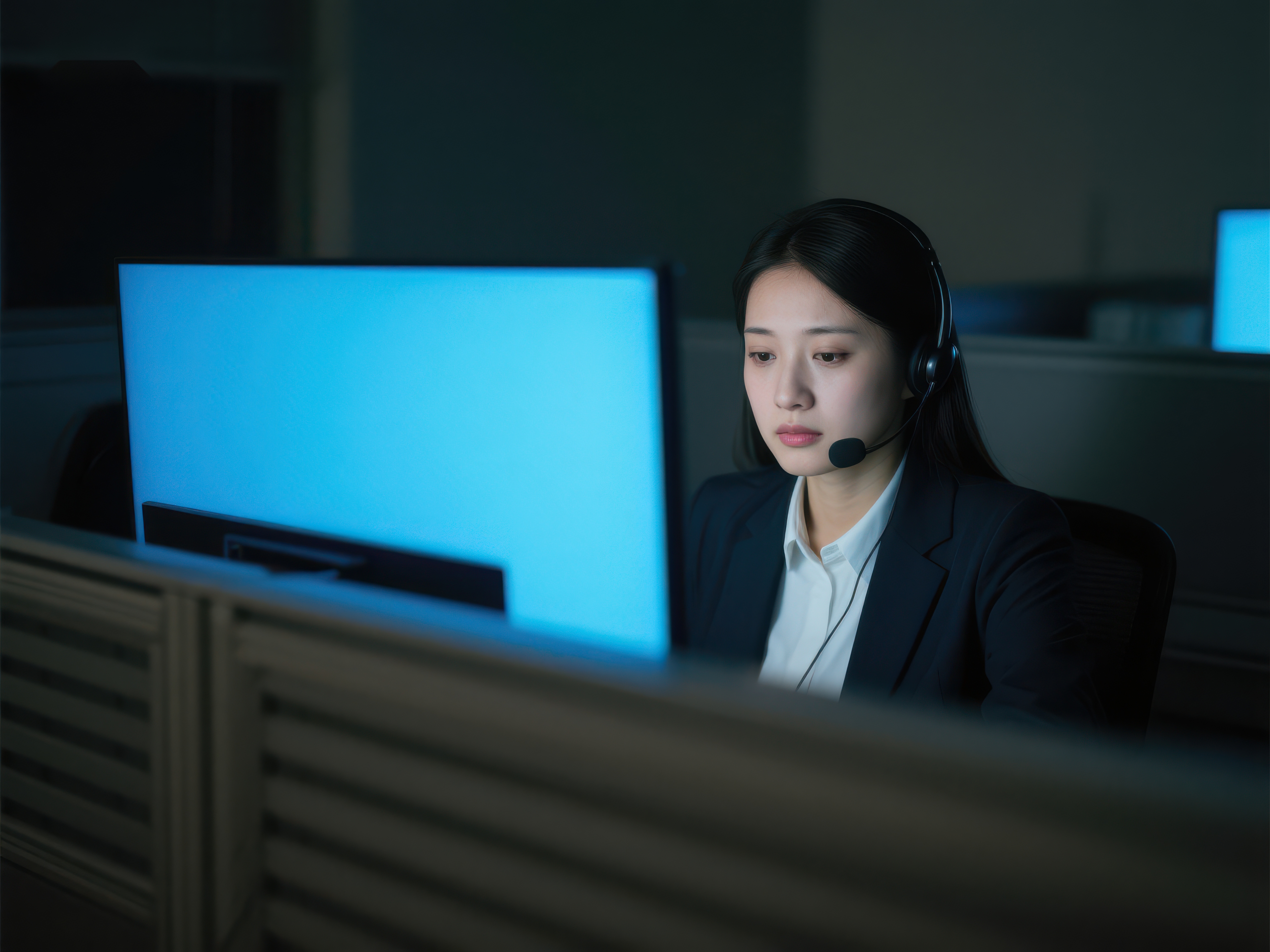 客服人员在夜晚办公室工作素材