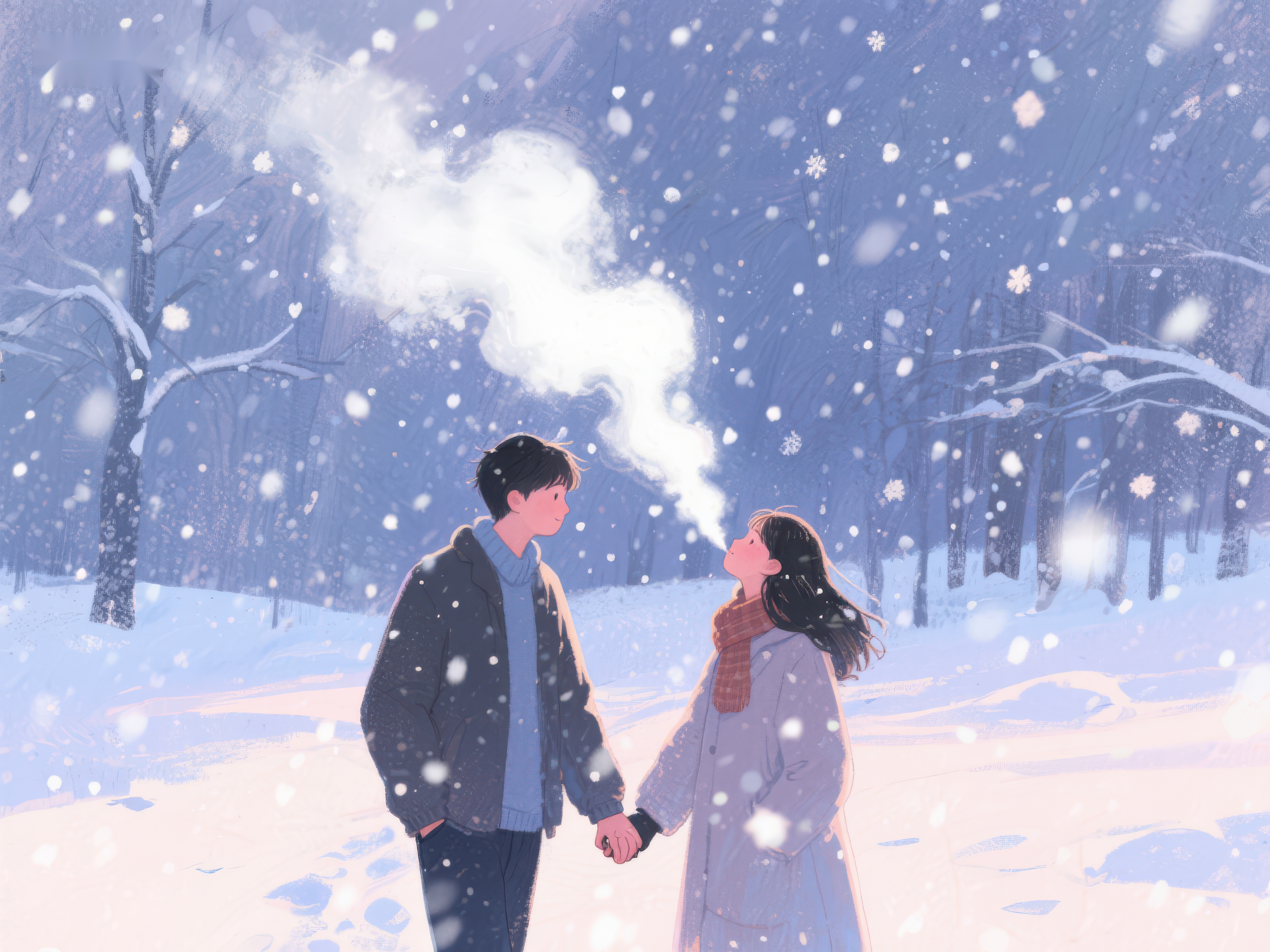 冬日雪景中相视而笑的两人素材