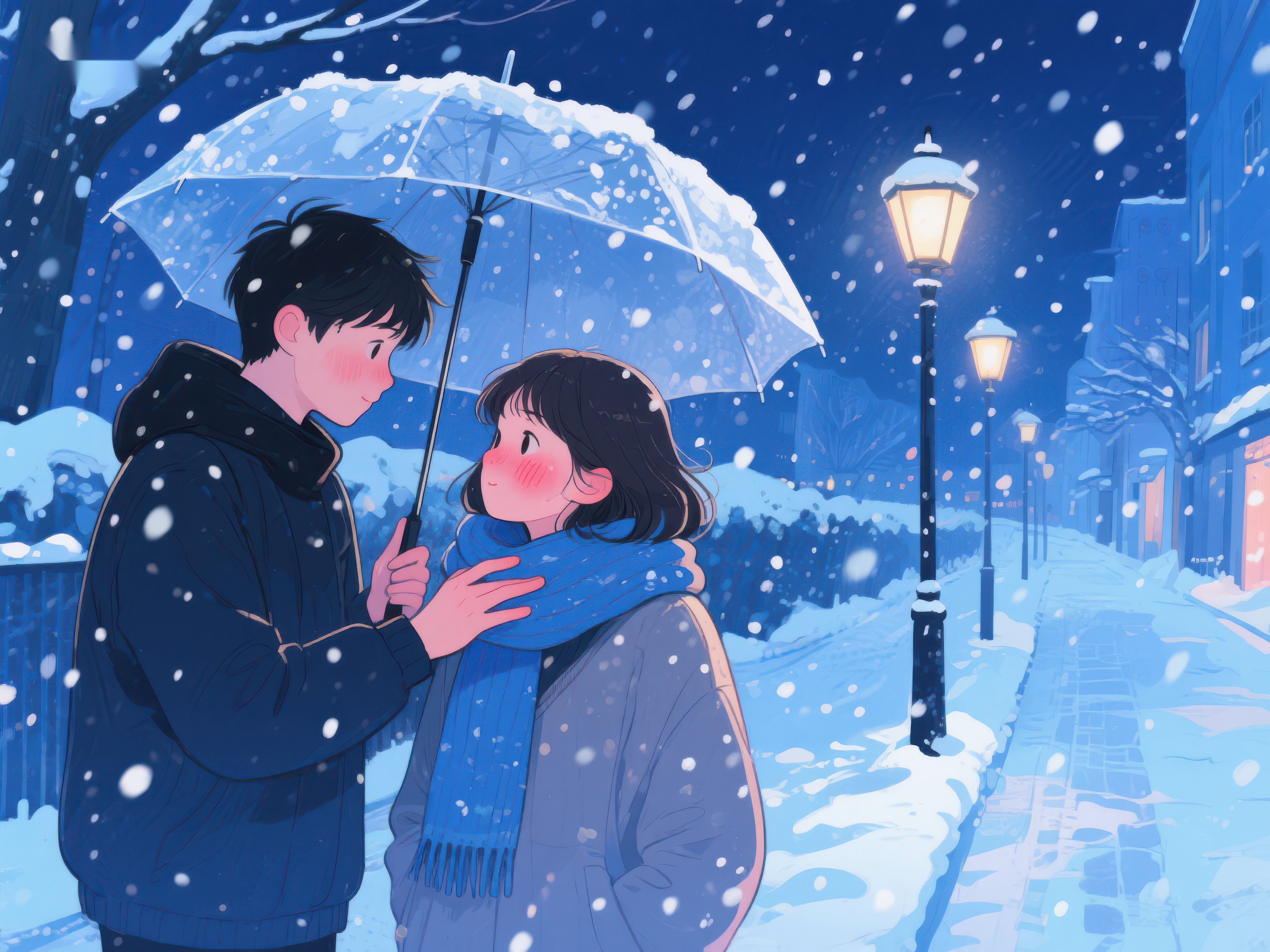 雪夜伞下温馨相伴素材