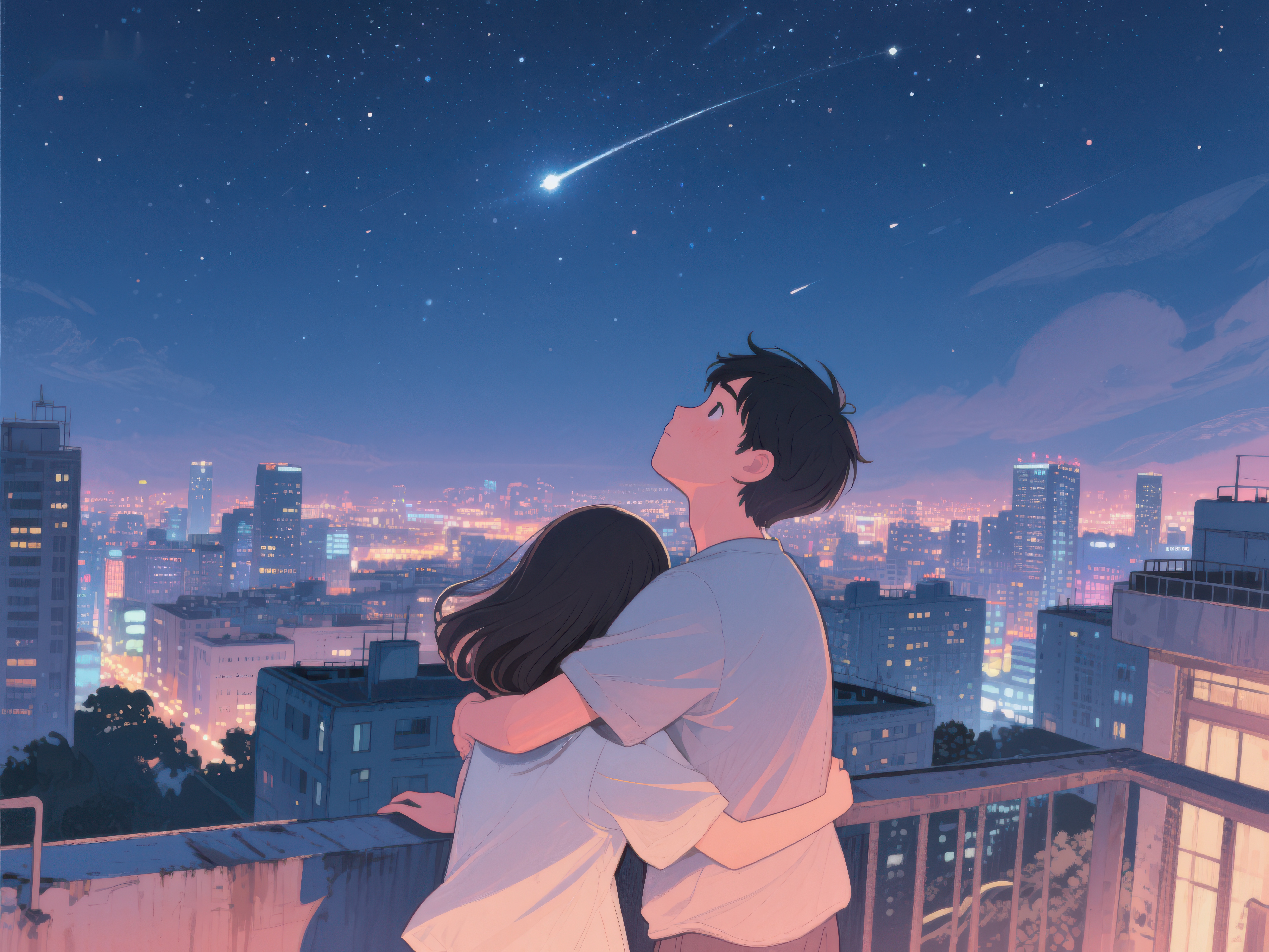 夜空流星下的情侣拥抱素材