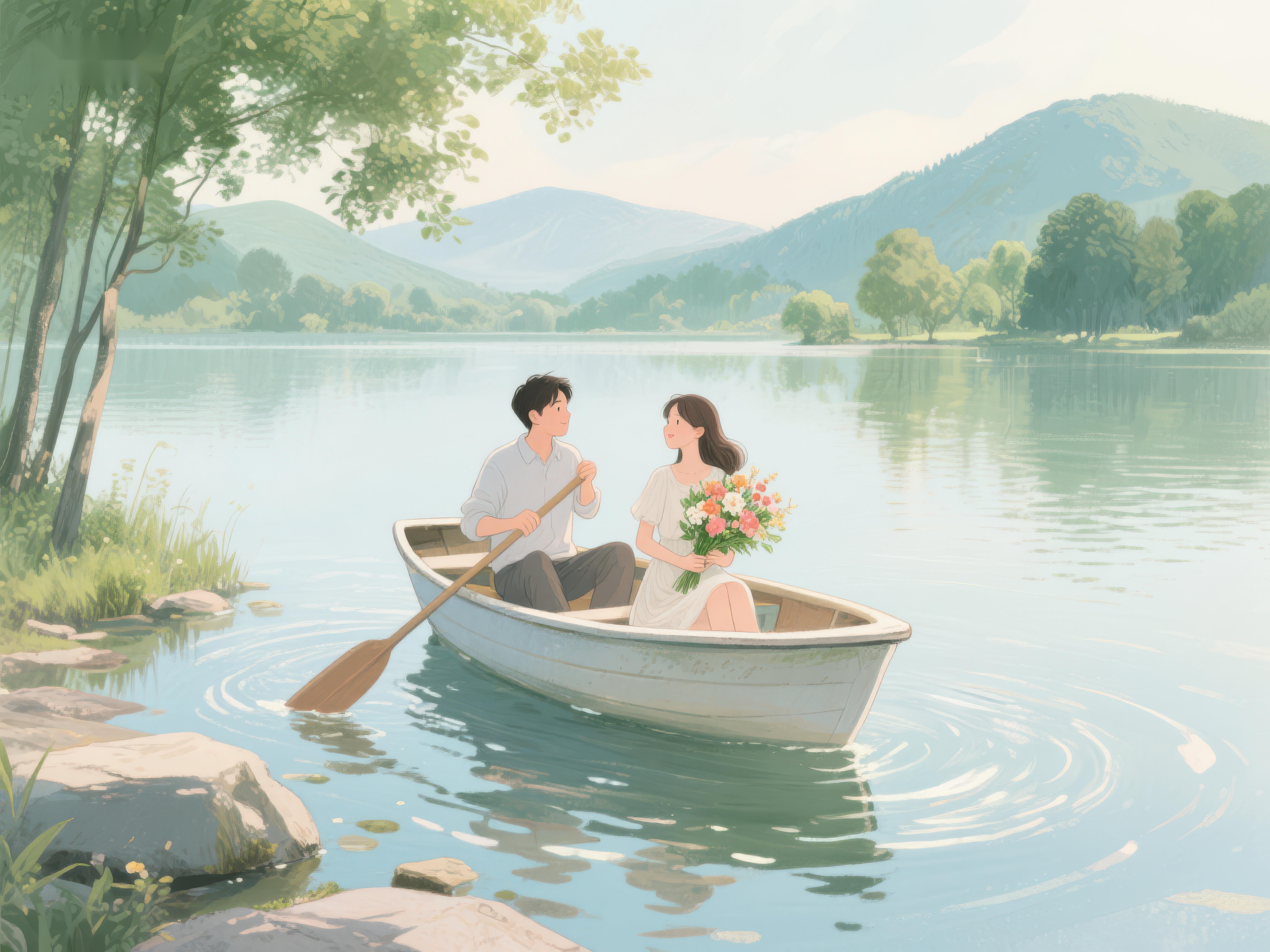 湖上划船的浪漫情侣素材