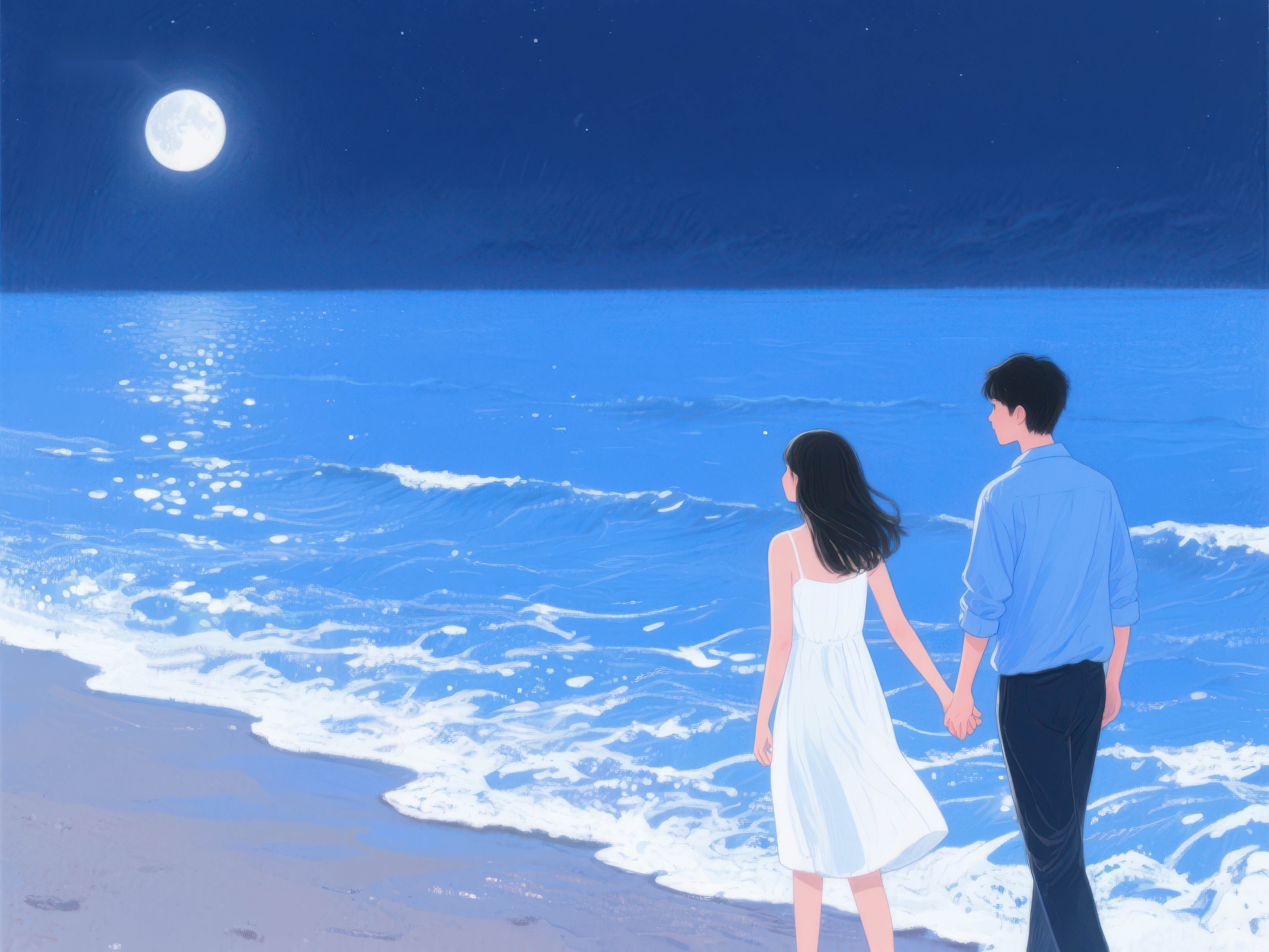 月下情侣海边漫步素材