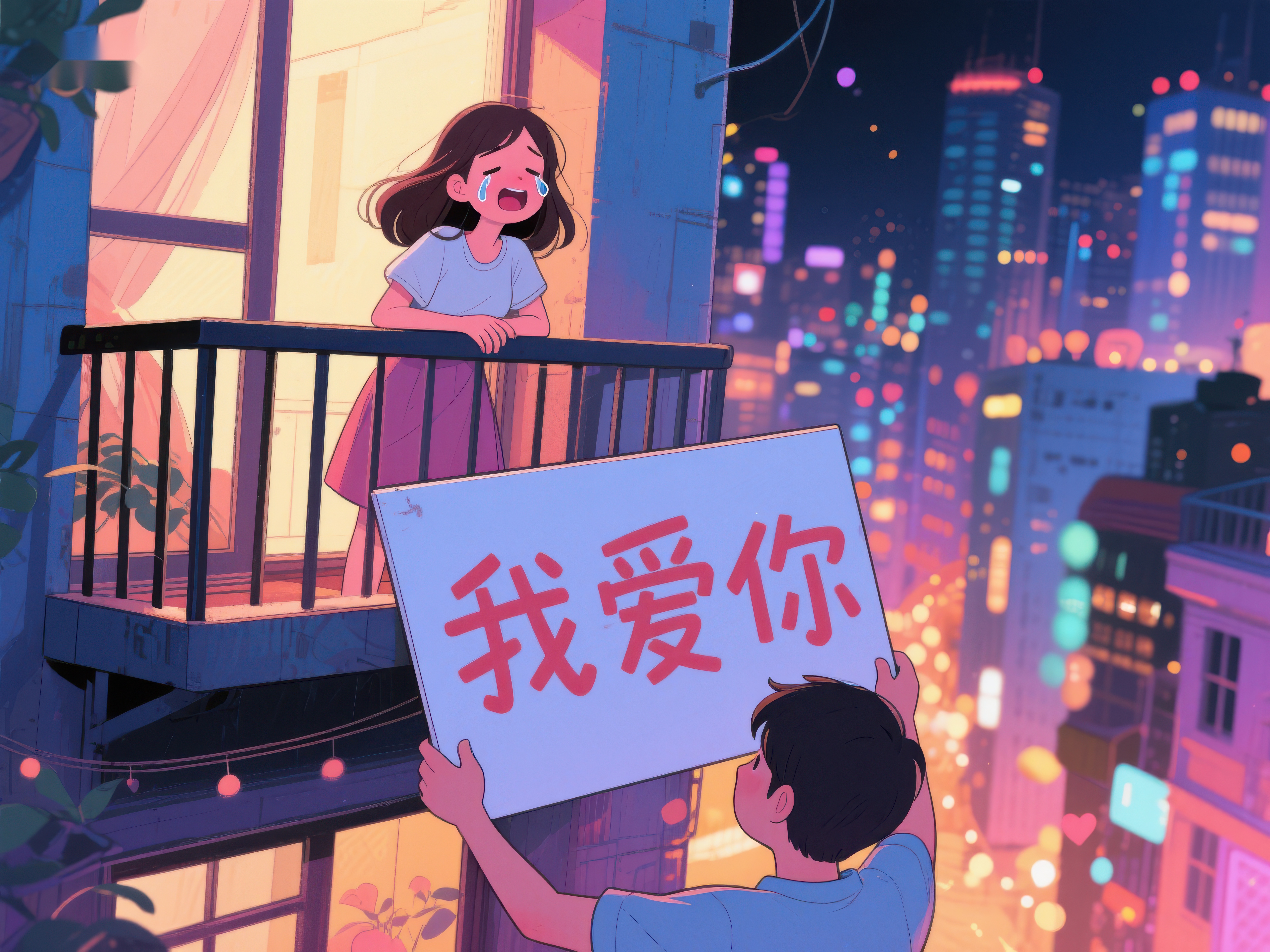 夜景中男子举牌表白阳台女子素材