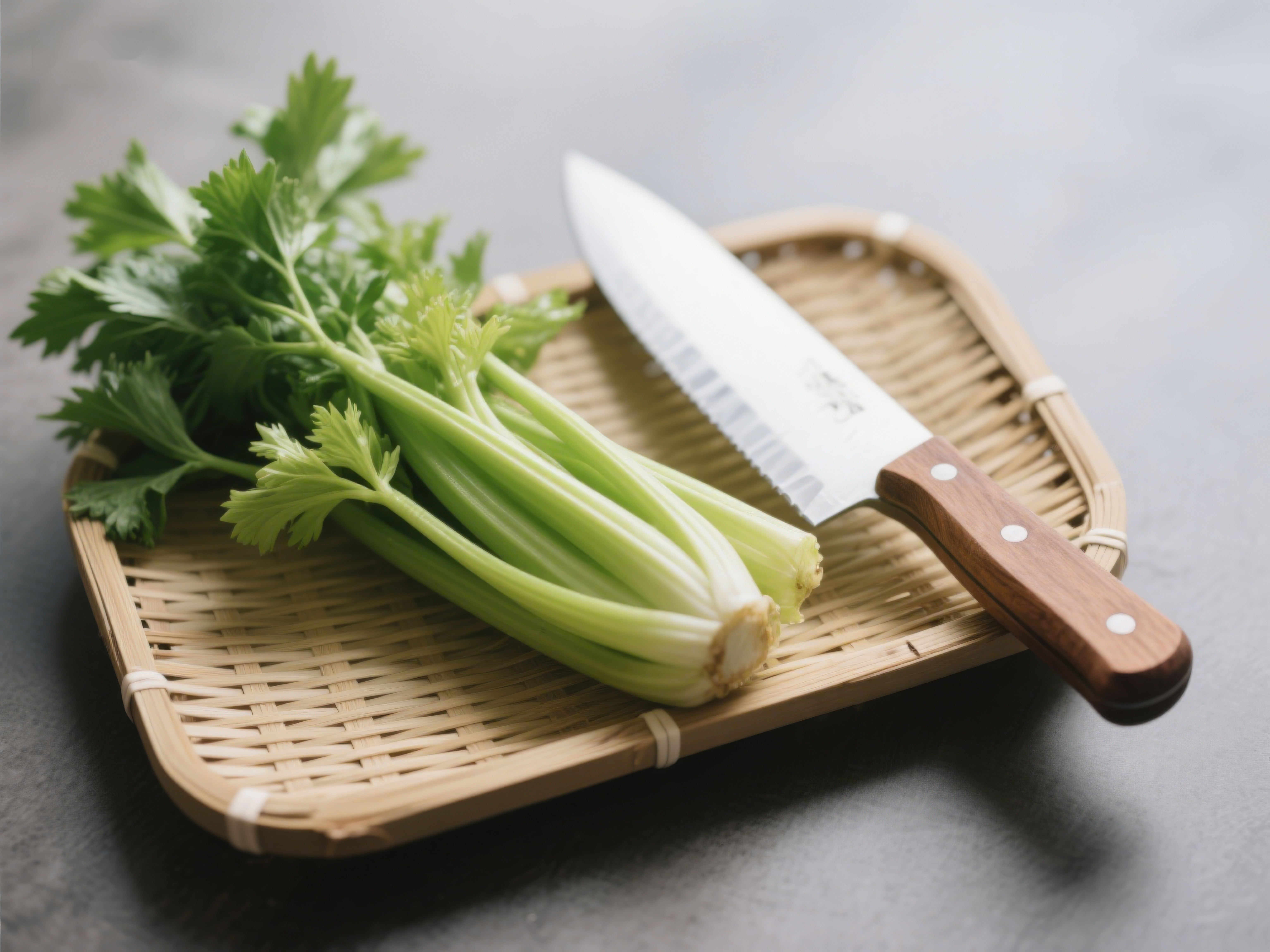 芹菜与刀置于竹篮素材