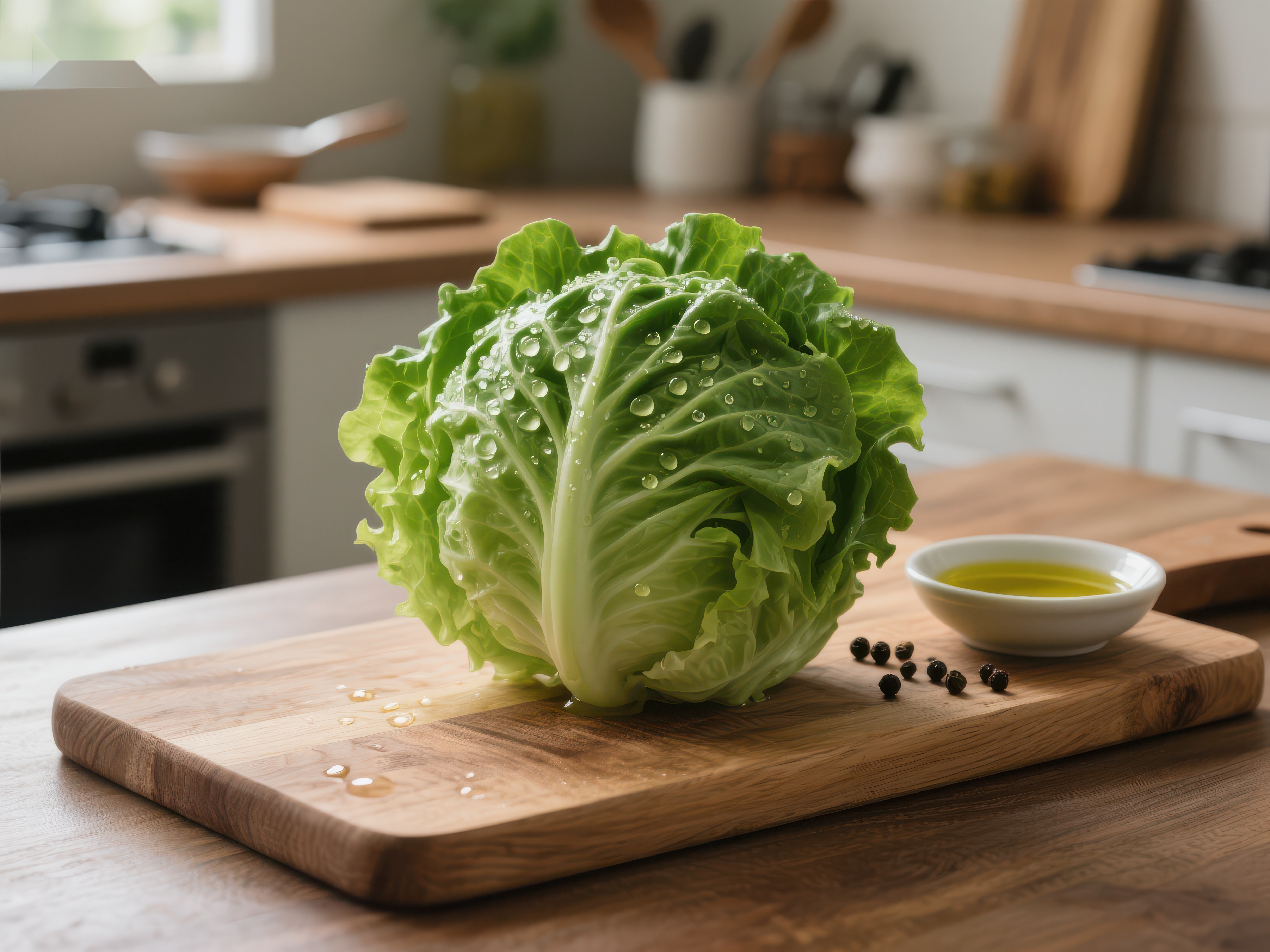 新鲜生菜置于厨房砧板上素材